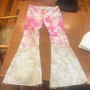 Free People Pink & Cream Tie-Dye Flare Jeans